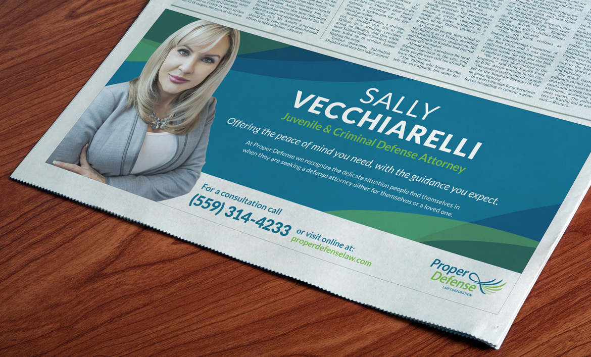 Newspaper ad for Sally Vecchiarelli of Proper Defense.