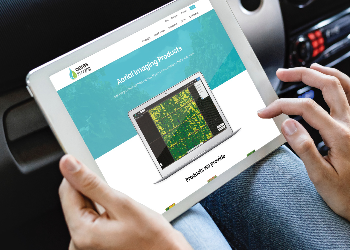 A user accessing Ceres Imaging's website on a tablet.