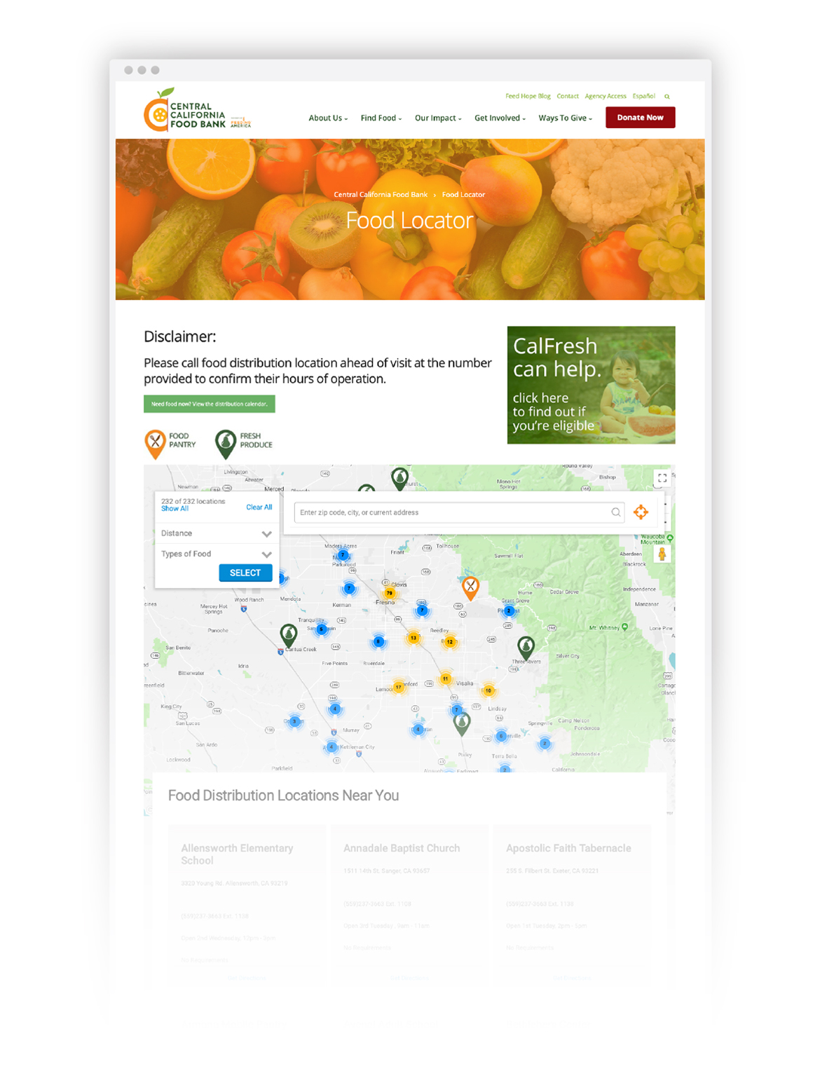 The tool on Central California Food Bank's website which allows users to easily find an open distribution center near them.