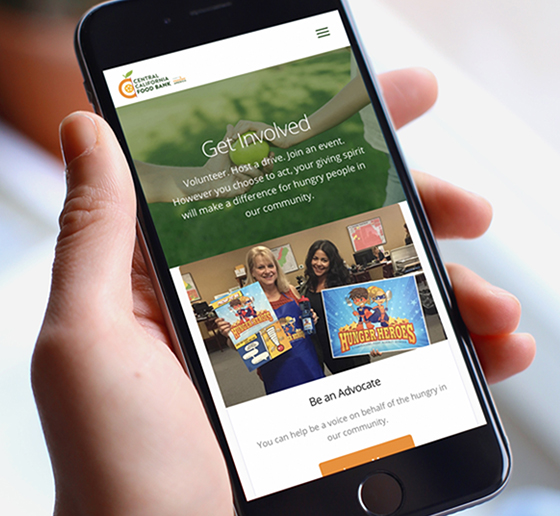 User accessing the Central California Food Bank's website on a mobile phone.