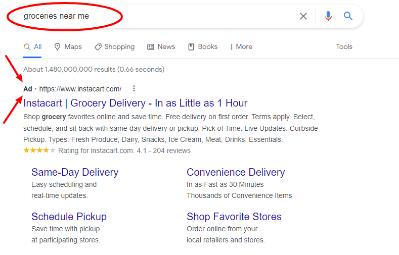 Google Paid Ad results shown after searching for "groceries near me". Instacart ad.